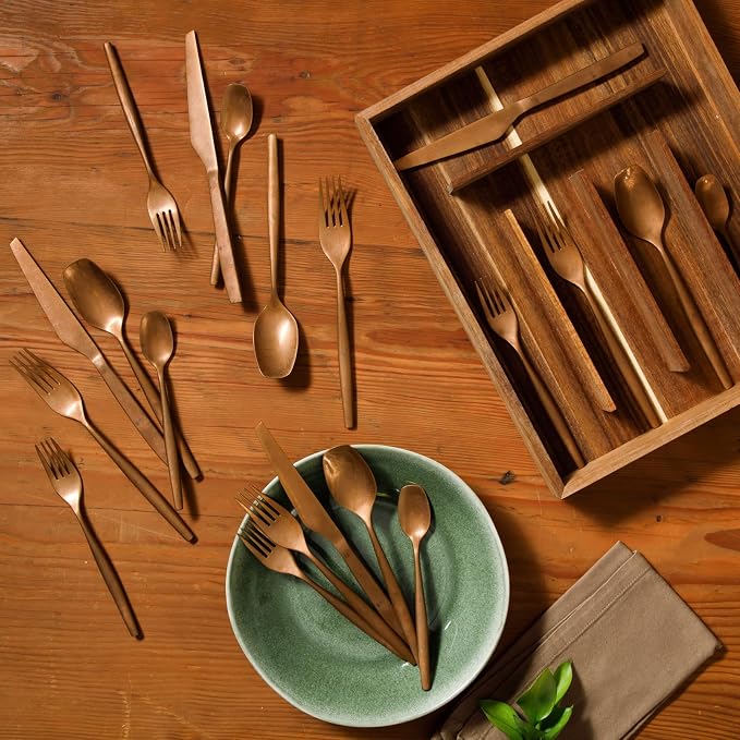 Two Time Oprah's Favorite Things Winner - 20 Piece Stone Washed Rose Gold Flatware 18/10 Stainless Steel Silverware Cutlery Utensil Set With Acacia Wood Caddy - Service for 4