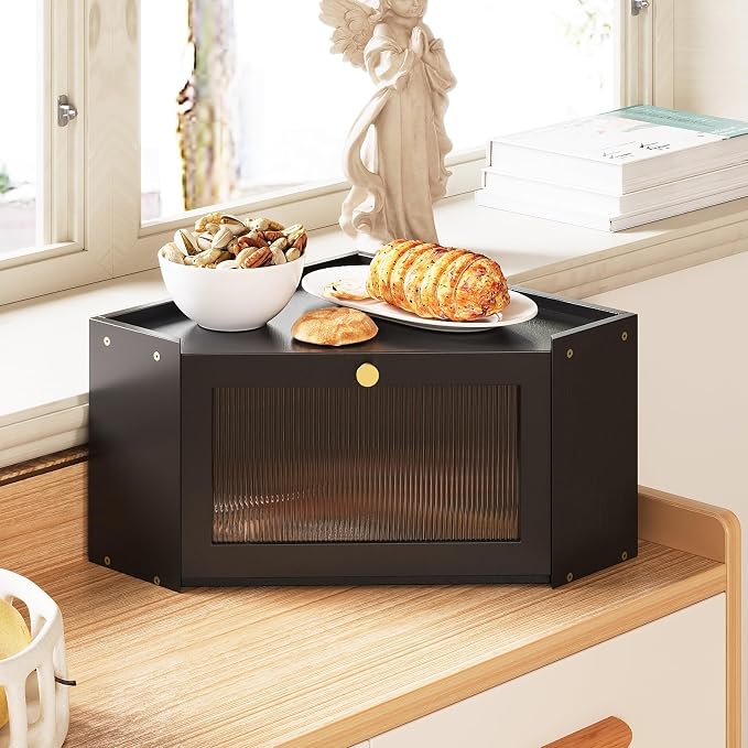 Trironsun Corner Bamboo Bread Box for Kitchen Counter Large Capacity Rustic Bread Storage Container with Wavy Arcylic Transparent Door Vintage Storage for Homemade Bread (Black)