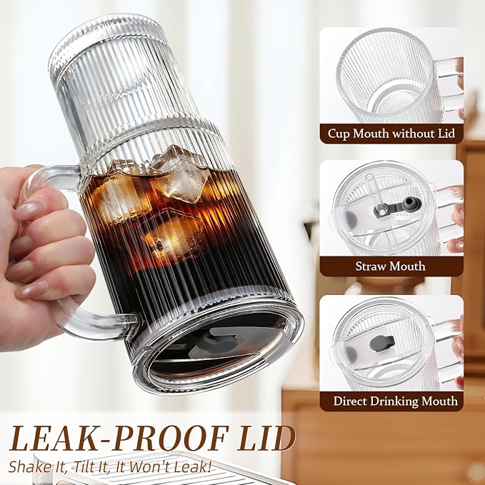 Iced Coffee Cups with Lids: Coffee Bar Accessories - Ribbed Glass Tumbler with Straw and Lid 4 Pack - 24oz Tumbler Leak Proof - Glass Cups Tumbler with Lid and Straws - Coffee Tumbler with Handle700ml