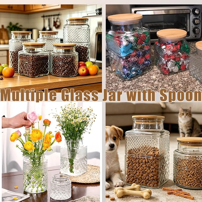 Viovian Vintage Glass Jar with Lid Spoon 38 OZ Round Thick Glass Storage Jars Airtight Lids Clear Decorative Canister Container for Food Candy Cookie Sugar Coffee Tea Nuts Snack Dog Treat Vase