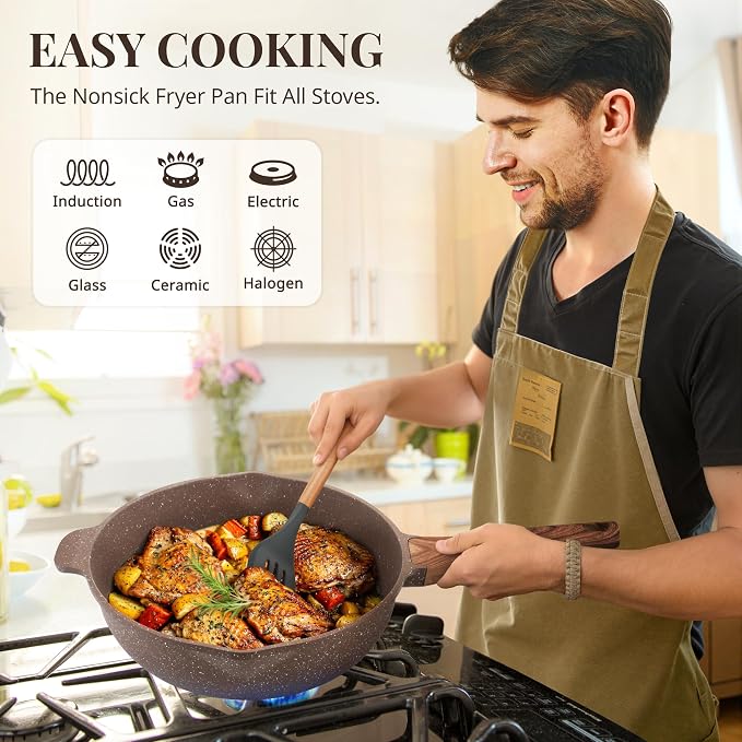 AOSION 11 Inch Nonstick Ceramic Deep Frying Pan, Large Ceramic Skillet. | With Lid & Steam Rack, 5QT Sauté Pan, Stay Cool Handle, Induction Compatible, PFOA & PFAS Free