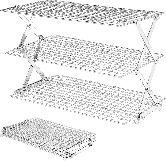 BEWOS 3-Tier Collapsible Cooling Rack - Adjustable Stainless Steel Baking Rack with X-Shaped Design and Leak-Proof Mesh Surface, Mirror Polished & Dishwasher Safe Cooling Rack
