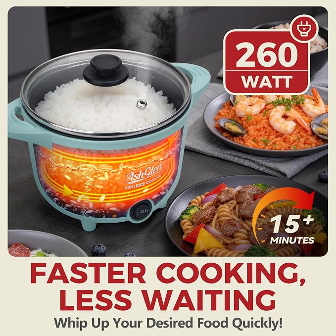 AshGlen Small Rice Cooker 2-Cup uncooked/ 4-Cup Cooked, Mini Hot Pot Electric, Mini Electric Pot, Ceramic Rice Cooker, Small Rice Steamer, Noodle & Oatmeal Cooker, Dual Modes, Single Serve, Aqua