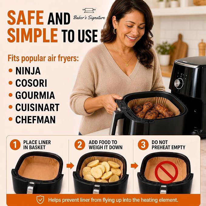 Air Fryer Paper Liners, 125Pcs Air Fryer Disposable Liners | Non-Stick and Oil Proof for Easy Cleanup, 8" Square for 5-8 qt Basket by Baker's Signature
