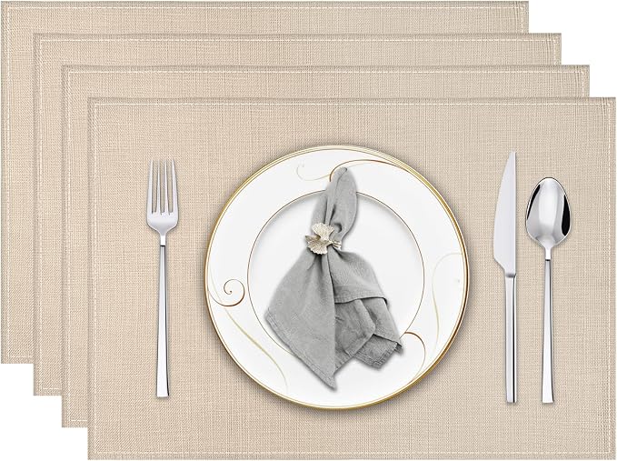 Beige White Placemats Set of 4, 12x18 Inch Washable Easy to Clean Heat-Resistant Anti-Skid Beige Placemats for Holiday Party Kitchen Dining Room Decoration