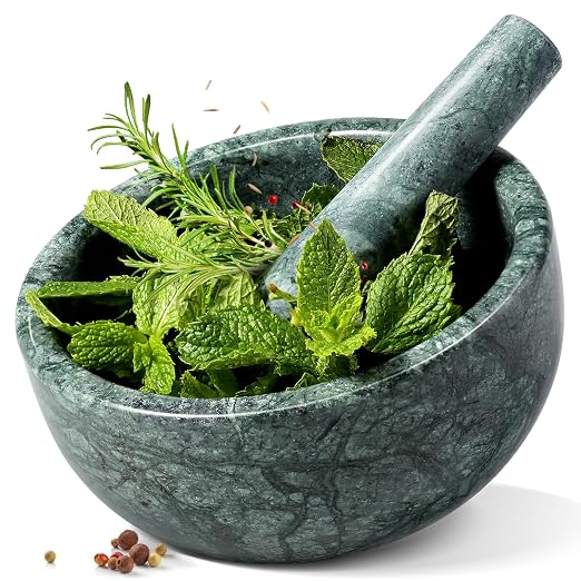 Luxury Marble Mortar and Pestle Set, 7"-4cups Grinder Bowl for Guacamole, Salsa, Pill Crusher, Spice, Herb, Garlic, Nut, Heavy Duty Grinder for Kitchen