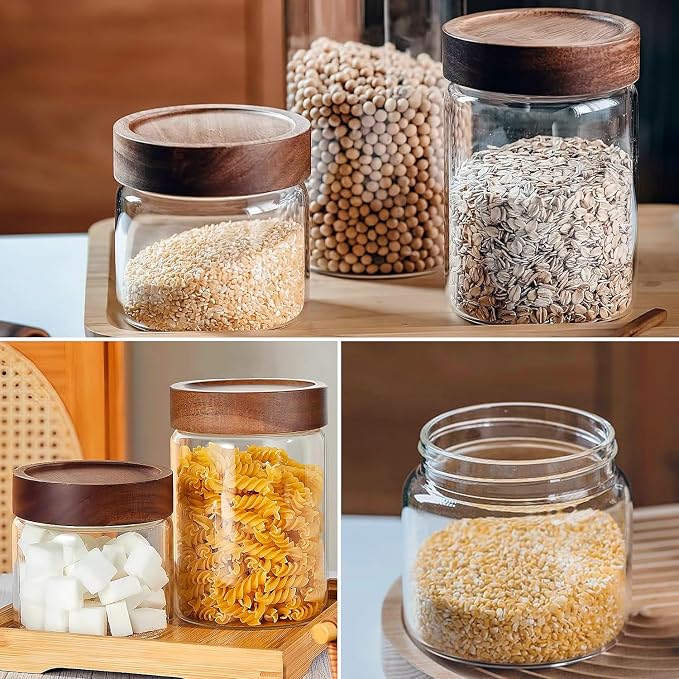 17 Fl oz/500 ml Glass Food Storage Jar with Airtight Screw on Wooden Lid | Premium Clear Glass Container Jars, Kitchen Canisters for Coffee,Tea,Snacks,Cookies,Nuts,Spice,Candy,Sugar,Overnight Oats