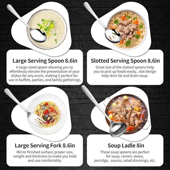 Gisly 12-Piece Serving Set - Large Spoons, Forks, Tongs, Ladle, Cake Server & Appetizer Tongs for Buffet Catering, Dishwasher Safe