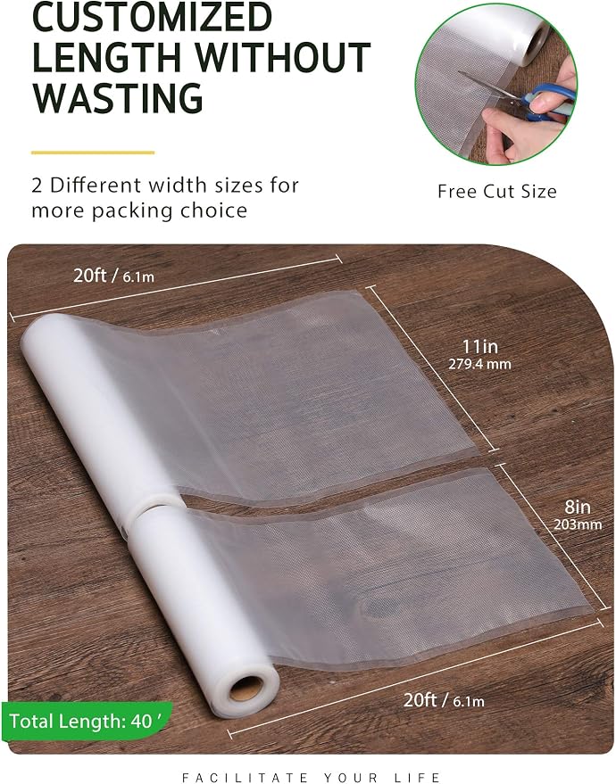 Syntus Vacuum Sealer Bag for Food, 1 Roll 11" x 20' and 1 Roll 8" x 20' | 2 Pack, BPA Free, Custom Size, Heave-duty, Durable, Sous Vide Cooking Freezer Microwave Safe, Works with All Vacuum Sealers