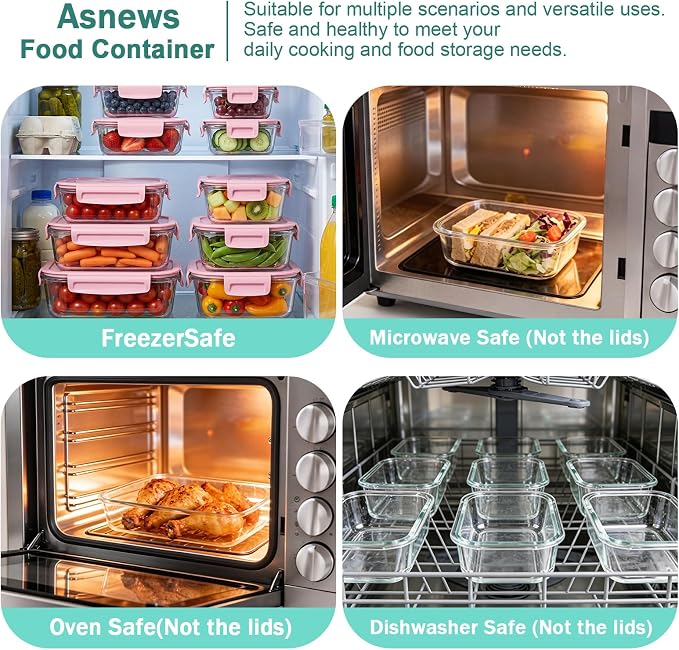 8 Pack Glass Food Storage Containers with Lids(Pink) | Meal Prep Containers with Snap Locking Lids, Airtight Lunch Containers for Microwave, Oven, Freezer and Dishwasher, BPA Free