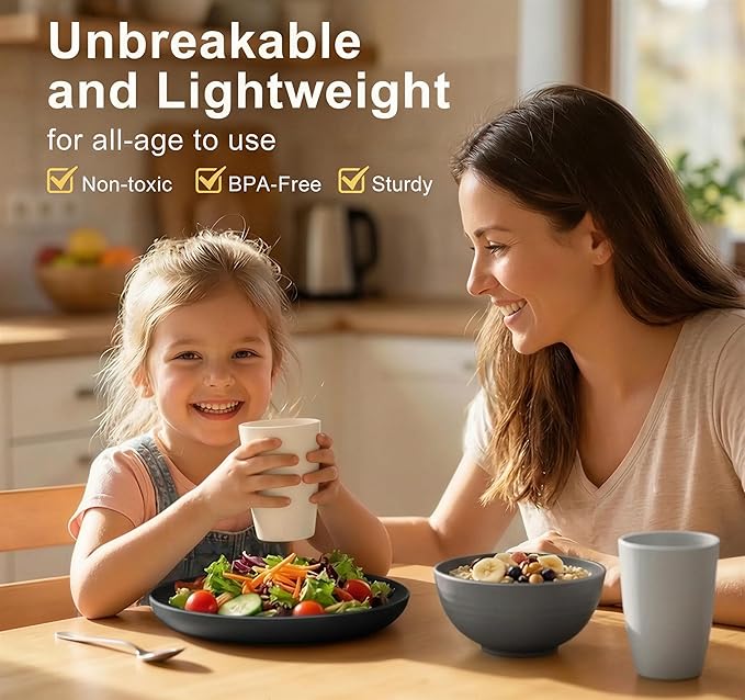 40 Piece Plates and Bowls Sets for 8, Unbreakable Wheat Straw Dinnerware Sets for 8, Microwave Safe Dishes Set for 8, Plastic Dinnerware Set for Home, Apartment, Dorm - BlackBeige