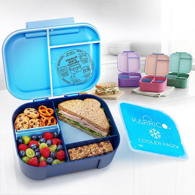 Leakproof Bento Lunch Box, 3-Compartment, Extra Large, Navy & Blue | 3-Compartment Design, Leakproof , Extra Large Capacity, Adjustable Divider, Includes Cooler Pack, Dishwasher Safe, Reusable