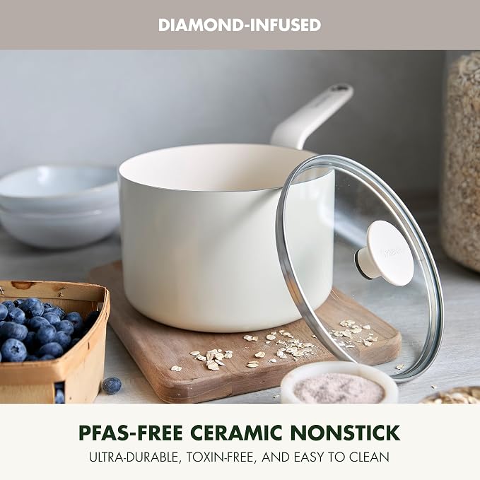 GreenPan Rio Advanced 2QT Saucepan with Lid, Ceramic Nonstick PFAS-Free Pans, Induction Ready, Dishwasher and Oven Safe, Cream White