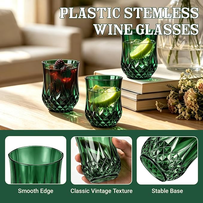24 Pack 12 Oz Plastic Stemless Wine Glasses, Dark Green | Unbreakable, Reusable, Elegant Vintage Design, Fancy Cocktail Cups, Whiskey, Champagne, Wedding, Party, Bars, Holiday Events