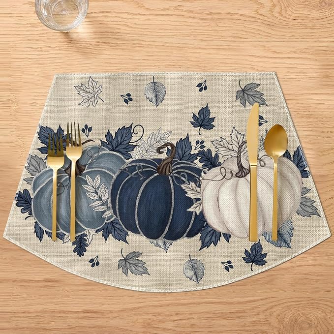 Artoid Mode Navy Blue Pumpkins Fall Wedge Placemats Set of 4-12 x 18 Inch | Heat-Resistant, Washable Table Mats, Seasonal Autumn Kitchen Dining Decor