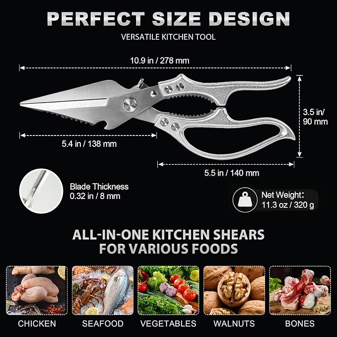 Heavy Duty Kitchen Shears for Food, Kitchen Scissors All Purpose, Stainless Steel Cooking Scissors for Bone, Meat, Poultry, Chicken, Vegetable & Seafood Cutting, Dishwasher Safe