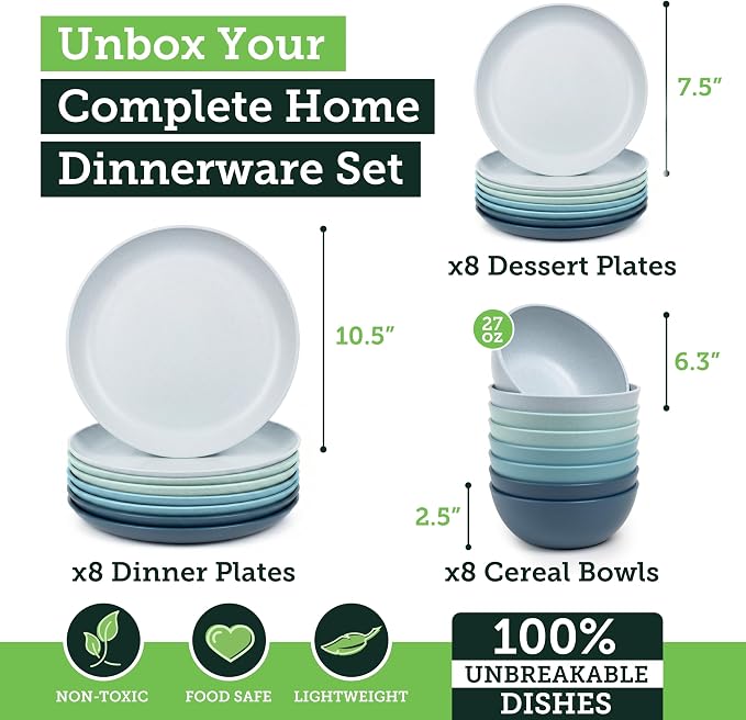 Grow Forward 24-piece Premium Wheat Straw Dinnerware Sets for 8 - Unbreakable Dishwasher & Microwave Safe Plastic Plates and Bowls Sets - Patio, Outdoors, RV, Camping Dishes - Seascape