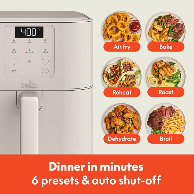 bella Fits-Anywhere™ 6qt Slim Air Fryer, Non-Toxic Coating, Oatmilk