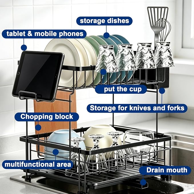 2 Tier Foldable Expandable Double Dish Drying Rack with Utensil Holder & Phone Holder, Over Sink Large Capacity Countertop Dish Dryer Organizer for Kitchen