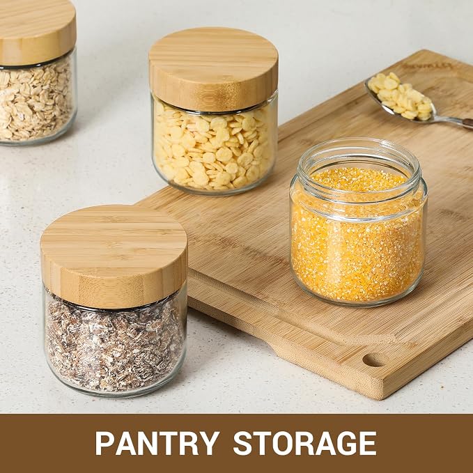 NETANY 4-pack 10oz Glass jars with Airtight Lids, Overnight Oats Containers with Bamboo Lids, Wide mouth Mason Salad jars, Glass Food Storage Containers for Snacks Yogurt Spice Sugar