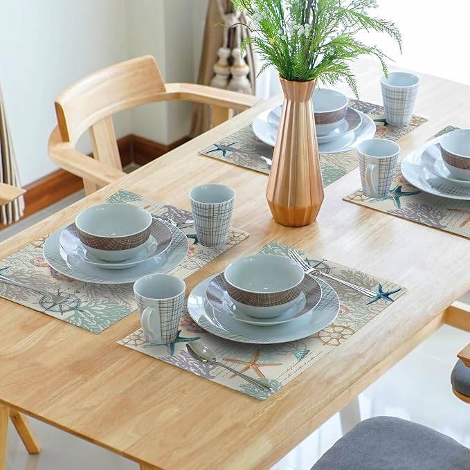 Nautical Placemats Set of 4 Starfish Sea Shell Beach Theme Ocean Coral Washable Non-Slip Heat Resistant 12×18 Inch Seasonal Summer Linen Fabric Table Mat for Party Kitchen Dining