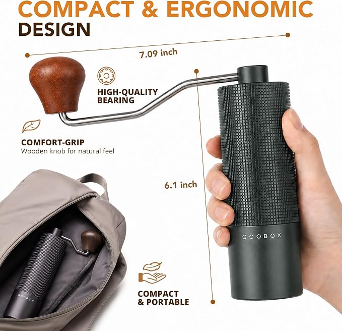 Portable Manual Coffee Grinder, Adjustable Stainless Steel Burr | Portable Aluminum Coffee Grinder with 28-Click Settings for Espresso, Pour Over and French Press