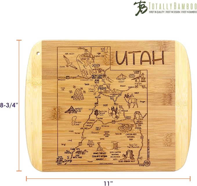 Totally Bamboo A Slice of Life Utah Engraved Map Cutting Board | 11” x 8.75” charcuterie board with engraved state map artwork. Smooth reverse side for food prep. Hang tie for wall display.