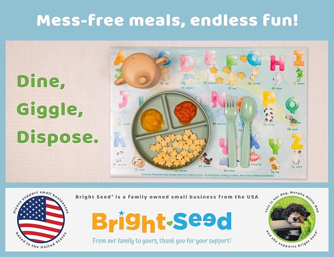 Bright Seed Disposable Placemats for Baby & Toddlers, Learning Mat- Animal2 | 40 Disposable Placemats, ABC, Numbers & Animal Learning, Perfect for Restaurants & Travel, Helps Keep Tables Clean