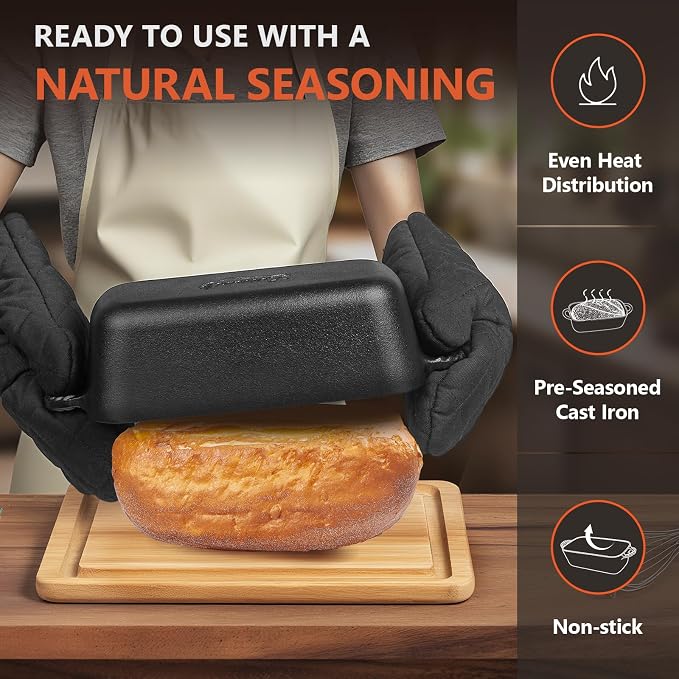 Cast Iron Loaf Pan 9.5x5 Inch, Pre-Seasoned Bread Baking Pan | Crispy Golden Crusts, Even Heat Distribution, Oven Mitts & Recipe Book Included, No Lid