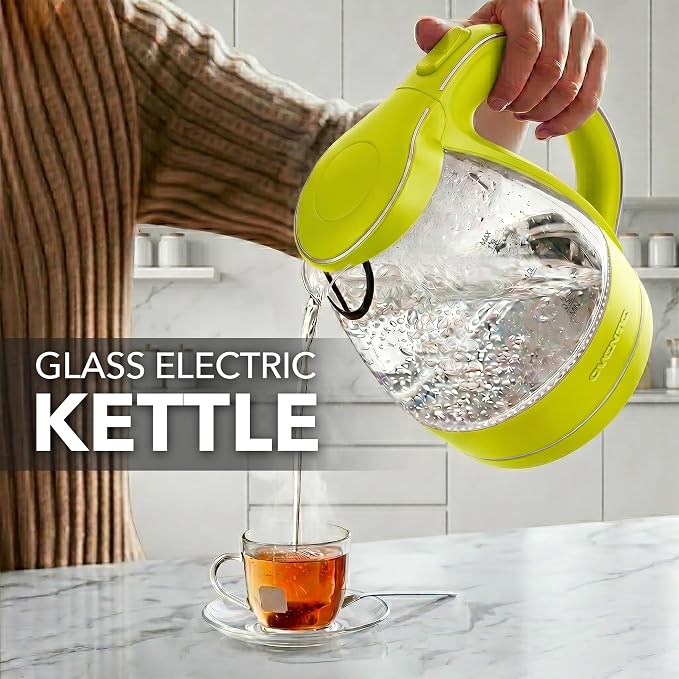 OVENTE 1.5L Glass Electric Kettle Water Boiler, Green KG83G | 1100W Fast Boiling, Borosilicate Glass, BPA-Free, Blue LED, Auto Shut-Off, Boil-Dry Protection, Removable Filter, 360° Base