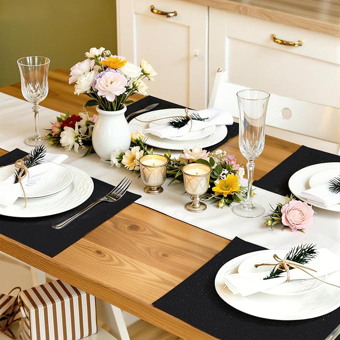 Faux Leather Heat Resistant Placemats 6 Packs, Waterproof Wipeable Dining PU Place Mats for Indoor & Outdoor, Easy to Clean, Black