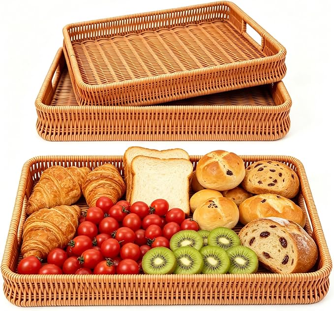 3PCS Hand-Woven 16“ Rattan Rectangular Serving Tray with Handles – Wicker Tray for Coffee Table Decor, Breakfast Basket, Drinks, Fruit, Snacks Organizer, Ottoman & Kitchen Counter Outdoor