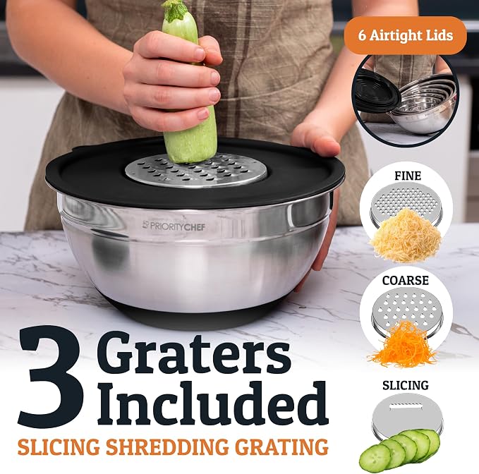 6Pc Stainless Steel Mixing Bowls with Lids Set, Huge 7 Qrt Size Metal Bowl Set for Kitchen, 3 Graters, Non-Slip Bases & Silicone Utensils Set, Black