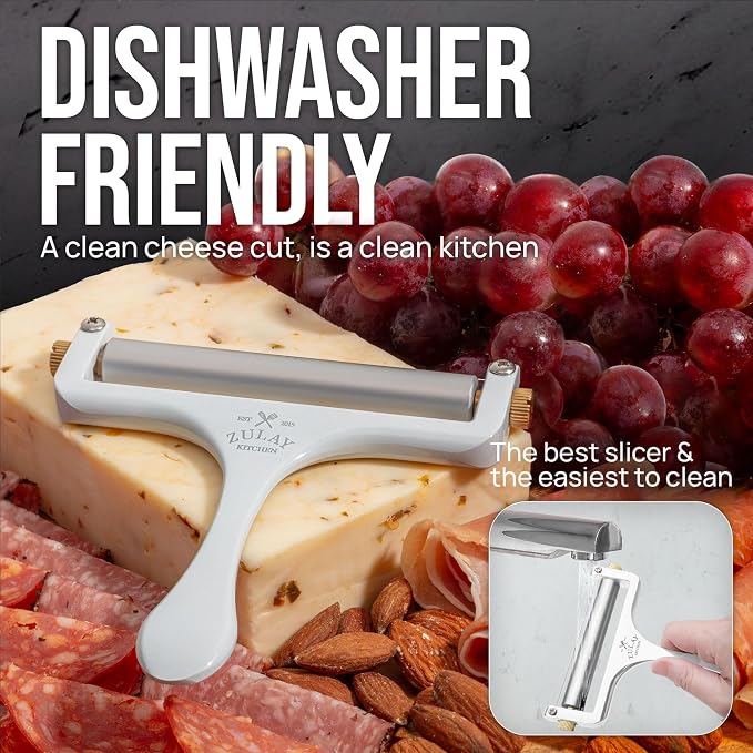 Zulay Kitchen Stainless Steel Wire Cheese Slicer - Adjustable Hand Held Cheese Cutter with 2 Extra Wires - Premium Cheese Shaver For Mozzarella, Cheddar, Gruyere - Cheese Cutter with Wire (White)