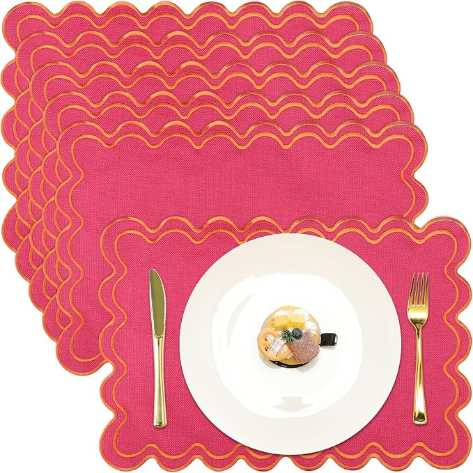 HunnmingRe Hot Pink with Orange Set of 6 Cotton Linen Wedding Placemats, 13x19 Inch Scalloped Wavy Embroidery Placemat Double Layered Washable Rustic Rectangle Dinner Table Mat for Home Decor