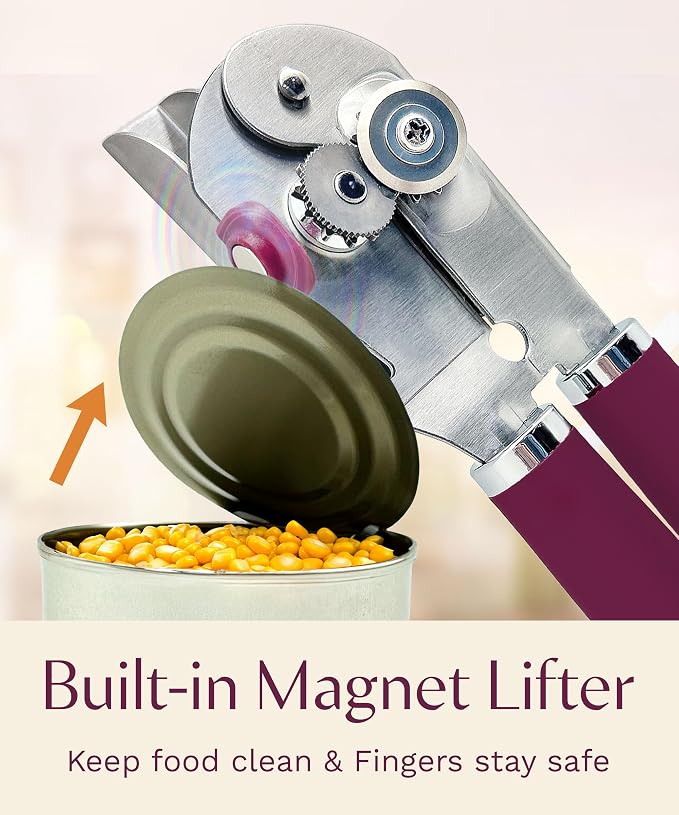 Heavy Duty Manual Can Opener with Magnetic Lid Lifter, Mauve | Premium Stainless Steel Body, Sharp Cutting Blade, Oversized Easy-Turn Knob, Soft-Touch Handle, Bottle Opener, Kitchen Use