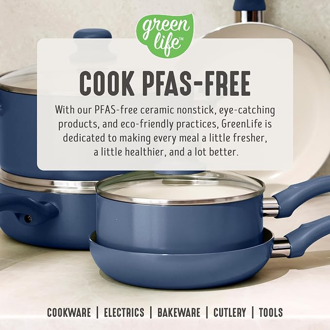 GreenLife 5QT Ceramic Nonstick Stockpot with Lid, Slate Blue | PFAS-Free Nonstick Coating, Casserole Pot, Soup Pot, Pasta Pot, Induction Ready, All Stovetop Compatible, Dishwasher Safe