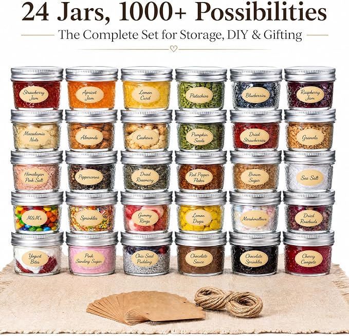 4 oz Glass Jars with Lids, 24 Pack Wide Mouth Small Mason Jars with Twine & Tags, Airtight Leakproof Mini Jam & Jelly Jars with Label Area for Honey, Desserts, Party Favors & Homemade Food Gifts