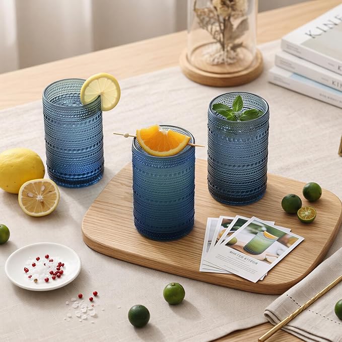 Moretoes Large 15oz Blue Hobnail Drinking Glass Set of 12 | Vintage Glassware,Embossed Glass Cups,Water Tumbler,Highball Glasses For Beer, Juice And Various Mixed Drinks