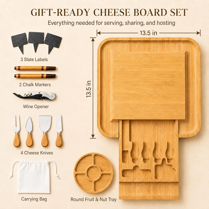 Charcuterie Boards Gift Set, Bamboo Cheese Board with Serving Accessories | House Warming Gifts New Home, Birthday Gifts for Women, Gifts for Men and Mom, Wedding, Bridal Shower, Anniversary Present