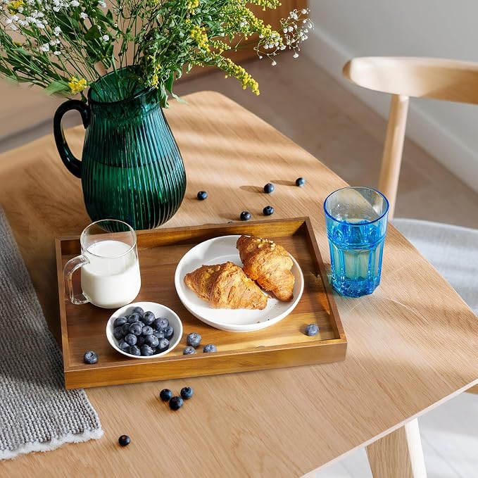 15 Inch Acacia Wood Serving Tray with Handles - Wooden Tray for Ottoman, Breakfast in Bed, Dinner, Coffee Table - Decorative Rectangular Tray for Living Room Bedroom Entryway and Kitchen