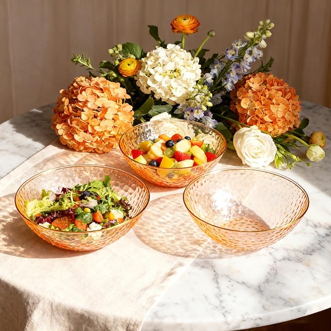 Rubtlamp 30 Pack Clear Orange Disposable Bowls, Clear Plastic Bowls with Gold Rim, 12-16oz Premium Heavy Duty Plastic Soup Bowls, Gold Disposable Bowls for Party