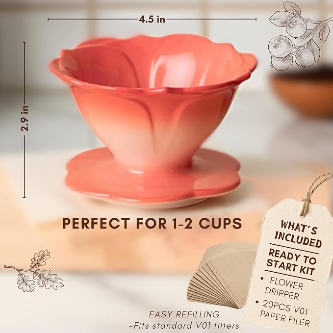 Ceramic Pour Over Coffee Dripper Flower Shape V01 with 20 Filters | 20Pcs filters included, Wide base fits most mugs, Sturdy quality ceramic, Balanced taste coffee brew