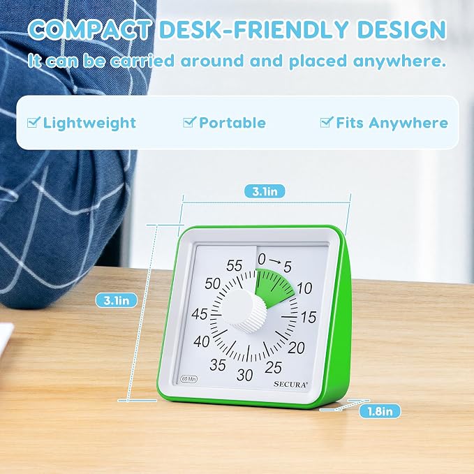 Secura Visual Timer for Kids, 60 Minute Classroom Countdown Timer for Study | Non-Ticking, Adjustable Alarm Volume/Duration, Low Power Reminder, Time Management Tool for ADHD (Green & Green)