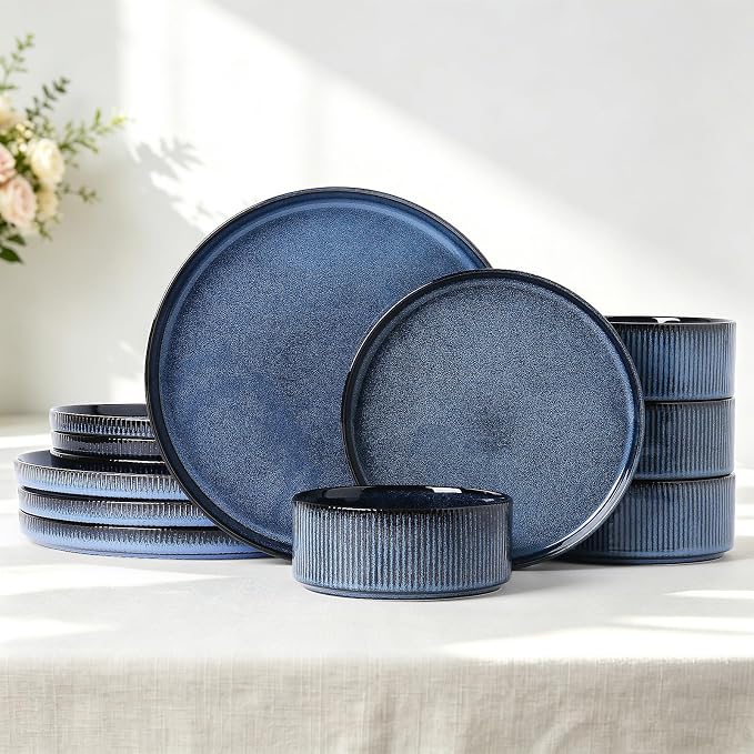 Stoneware Dinnerware Sets for 4, 12Pcs Plates and Bowls Set, Midnight Blue | Handmade Reactive Glaze Ceramic Dishes, Microwave and Dishwasher Safe, Modern Minimalist Ribbed Tableware for Everyday Use