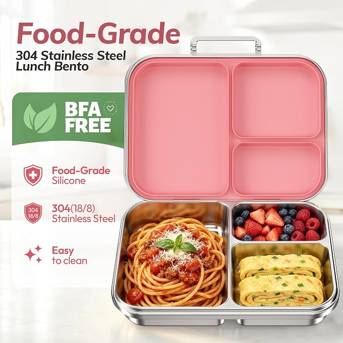 Stainless Steel Bento Lunch Box for Kids and Adults,3 Compartment Meal Lunch Box with Detachable Silicone Lid,Leak-Resistant Food Container with Snack Cup for School,BPA-Free(Pink)