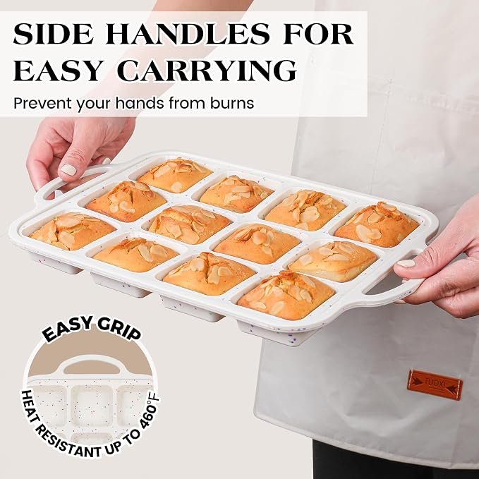 Mini Individual Square Brownie Pan with Dividers, Cream | 2 Pcs, Metal Reinforced Frame, Silicone Nonstick, 12 Cup , Muffin Cupcake Pans