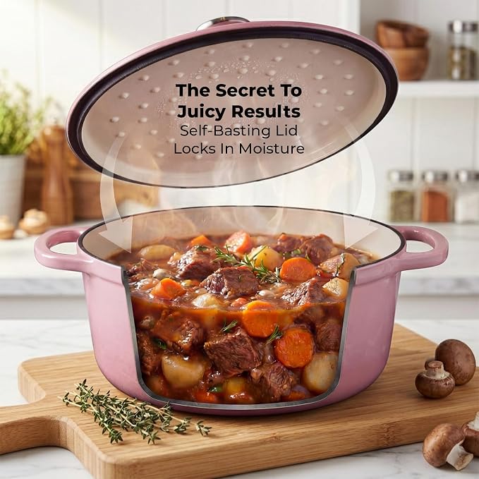 Zulay Kitchen 7.7 Quart Enameled Cast Iron Dutch Oven Pot with Lid – Premium Durability & Oven Safe up to 500°F – Heavy Duty Cookware Perfect for Bread Baking, Stews, Braising & Roasting – Pink