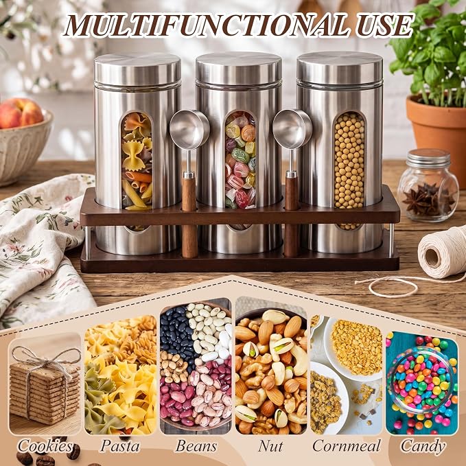 Stainless Steel Coffee Grounds Canisters Container with Shelf | 3 x 50oz, Sugar Coffee Bean Storage Container Set, Airtight Threaded Lid, Glass Window, Scoop, Kitchen Jar for Coffee Bar