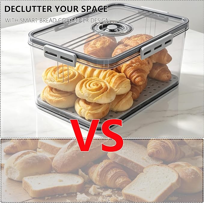 Bread Box Bread Boxes with Lid for Kitchen Counter, Airtight Loaf Bread Storage Container,Large Time Recording Bread Keeper for Homemade Bread, Toast, Bagel, Donut and Cookies ,Not dishwasher safe